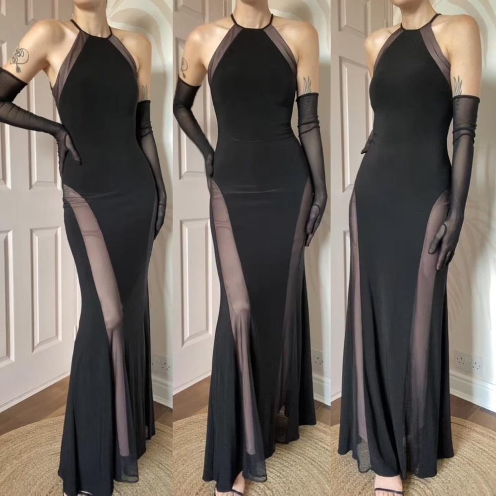 Vintage‎ 90s Morgan & Co. Maxi Dress 7/8 Black Mesh Halter Gown Formal Evening